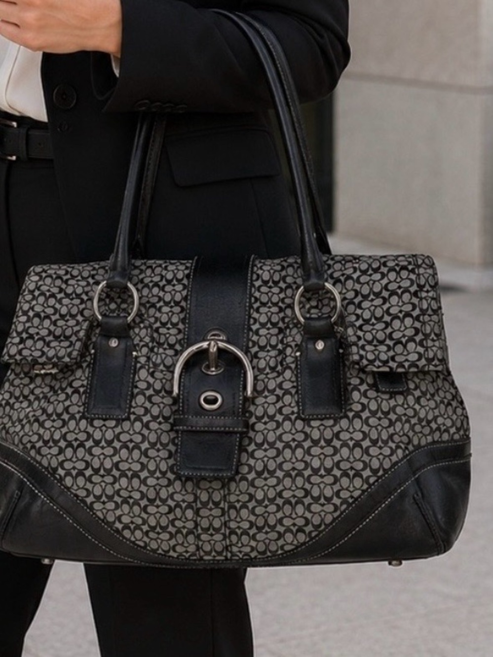 Coach Black and Gray Signature Jacquard Tote with Buckle Accent